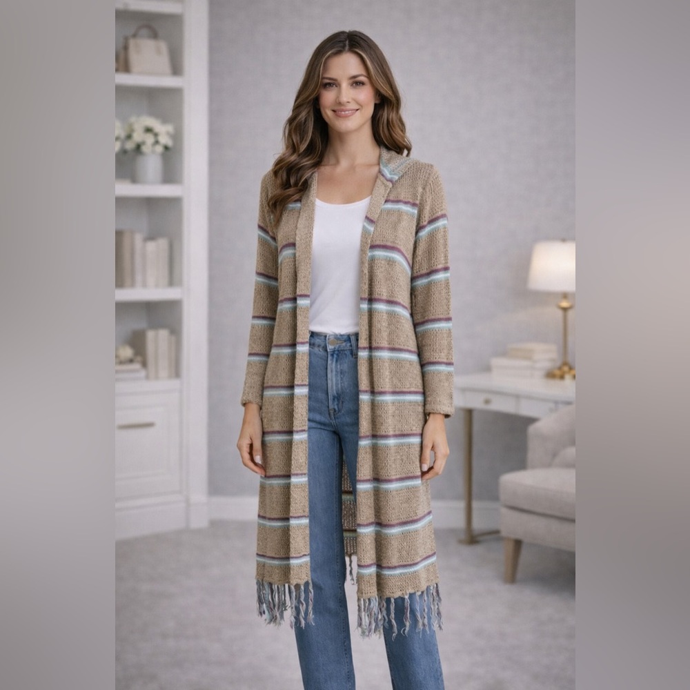 Umgee Tan Stripe Hooded Fringe Cardigan Sweater